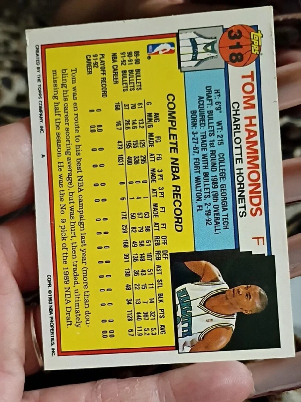 Topps Tom Hammonds Hornets Basketball Card - Teal, White
